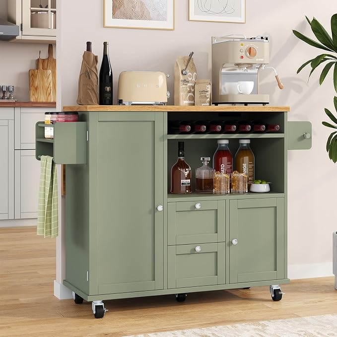 knoworld Rolling Kitchen Island with Storage Cabinet, 41.3'' Width Kitchen Cart with Desktop Drop Leaf Countertop, Portable Mobile Island with Towel Rack, Spice Rack Shelf and Lockable Wheels, Green