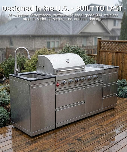 BBQ Outdoor Kitchen Island Grill Barbecue Modular Patio Kitchens Kits with Electric Rotisserie, Sink, fridge, and Burner for More than 10 People