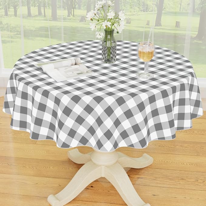 Smiry Picnic Table Cloth, Vinyl Tablecloths with Flannel Backing, 60" Round | Waterproof Picnic Table Cloth, Wipeable Buffalo Plaid Table Cover for Indoor and Outdoor (Grey & White)