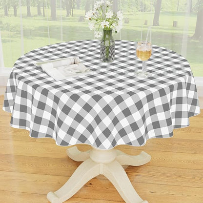 Smiry Picnic Table Cloth, Vinyl Tablecloths with Flannel Backing, 60" Round | Waterproof Picnic Table Cloth, Wipeable Buffalo Plaid Table Cover for Indoor and Outdoor (Grey & White)