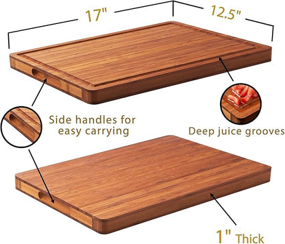 Allsum Large Wood Cutting Board for Kitchen, 1” Thick Bamboo Cheese Charcuterie Board, Butcher Chopping Block, with Juice Grooves and Handles