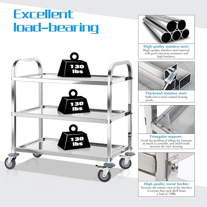 AQNIEGEP Stainless Steel Utility Cart, 3-Tier Heavy-Duty Kitchen Cart with Lockable Wheels, 400lbs Capacity for Restaurant, Lab, Office - Commercial Grade & Easy Assembly
