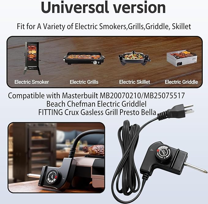Electric Skillet Cord Replacemen for Masterbuilt,Hamilton Beach,Chefman,Presto,Cuisinart Fondue Pot,15A/125V Adjustable Thermostat Probe Cord,Thermostat Control for Grill/Griddle/Smoker/Fryers
