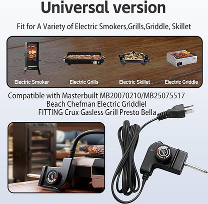 Electric Skillet Cord Replacemen for Masterbuilt,Hamilton Beach,Chefman,Presto,Cuisinart Fondue Pot,15A/125V Adjustable Thermostat Probe Cord,Thermostat Control for Grill/Griddle/Smoker/Fryers