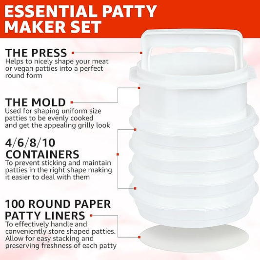 Hamburger Press Patty Maker - 4 in 1, Burger Mold, Patty Press, 8 Storage Containers, 100 Round Papers - Hamburger Patty Maker Tool for BBQ - Burger Shaper for Meat, Veggie Patties
