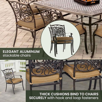 Hanover Traditions 9-Piece Patio Dining Set with 60" Square Cast-Top Dining Table and 8 Chairs with Tan Cushions, Modern All Weather Outdoor Dining Set with Rust-Resistant Aluminum Frames for Backyard