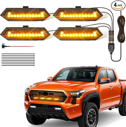LED Grill Lights - 4PCS Front Grill Lights for Toyota Tacoma TRD Sport TRD Off-Road TRD Pre Runner 2024 2025 2026 with Fuse Adapter & Harness (Amber Light with Black Shell)