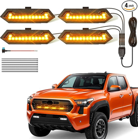 LED Grill Lights - 4PCS Front Grill Lights for Toyota Tacoma TRD Sport TRD Off-Road TRD Pre Runner 2024 2025 2026 with Fuse Adapter & Harness (Amber Light with Black Shell)