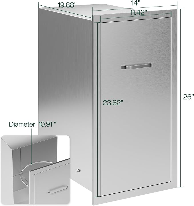 Jocisland Outdoor Kitchen Trash Drawer, 20" D×26" H×14" W, Stainless Steel | Handle and Pull-Out Tray, Built-in BBQ Island Storage