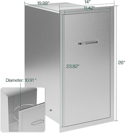 Jocisland Outdoor Kitchen Trash Drawer, 20" D×26" H×14" W, Stainless Steel | Handle and Pull-Out Tray, Built-in BBQ Island Storage