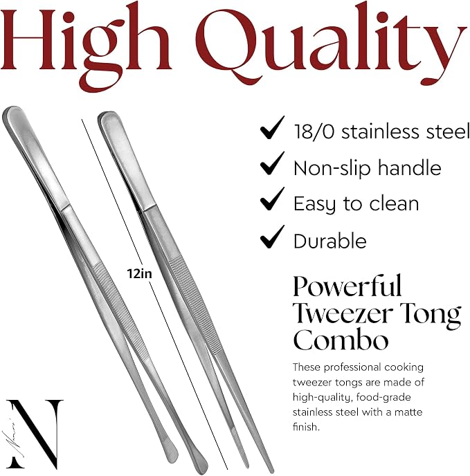 Namre Cooking Tweezer Chopstick Tongs, 2-Pack Stainless Steel, Silver | Ideal for plating, serving & precision cooking; slim chopstick-style design for delicate food handling