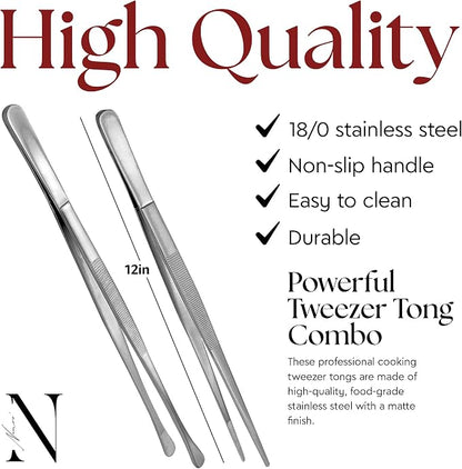 Namre Cooking Tweezer Chopstick Tongs, 2-Pack Stainless Steel, Silver | Ideal for plating, serving & precision cooking; slim chopstick-style design for delicate food handling