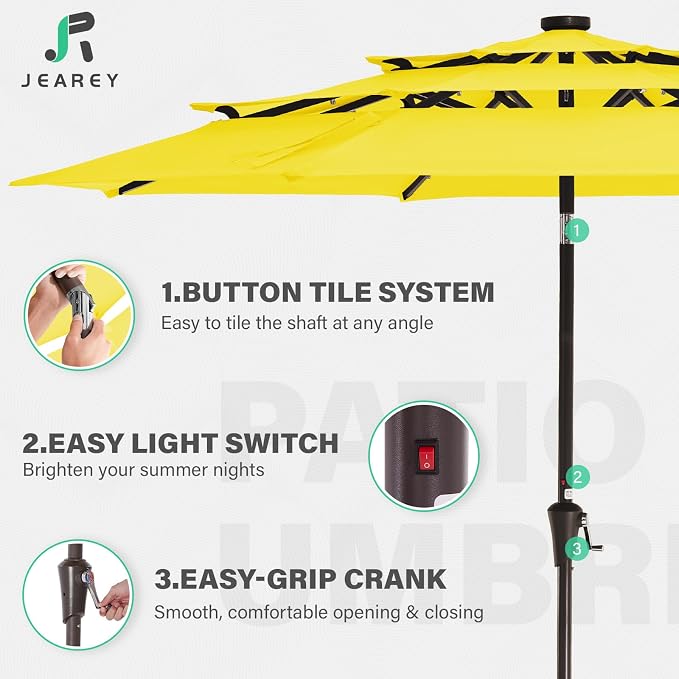 JEAREY 9 ft 3-Tier Outdoor LED Lighted Patio Umbrella w/Crank, Yellow | Solar Market Table Umbrella with 8 Sturdy Ribs, UV Protection Waterproof Sunproof for Garden, Deck and Backyard