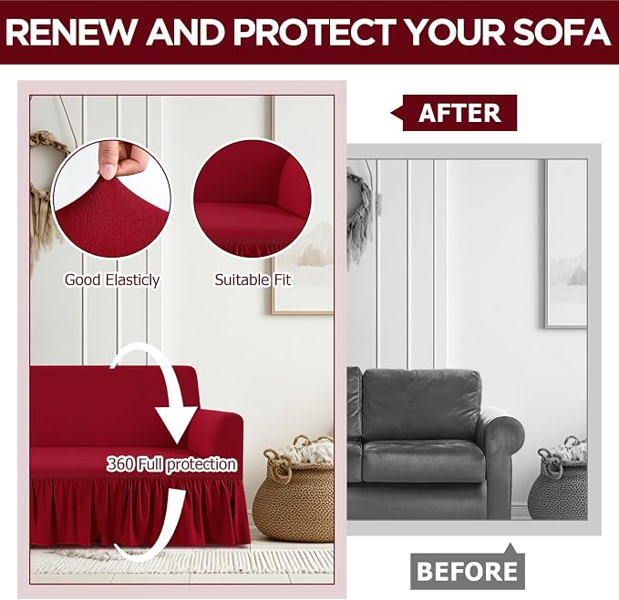 Fanfanwin 3 Pcs Sofa Slipcover Set for Couch Cushion Durable Washable High Elastic Stretchable Furniture Couch Covers with Skirt for Sofa Loveseat Arm Chair (Burgundy,Milk Silk)