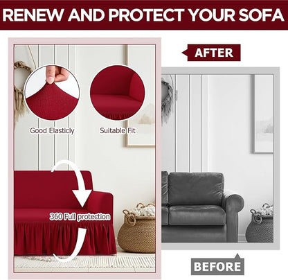 Fanfanwin 3 Pcs Sofa Slipcover Set for Couch Cushion Durable Washable High Elastic Stretchable Furniture Couch Covers with Skirt for Sofa Loveseat Arm Chair (Burgundy,Milk Silk)