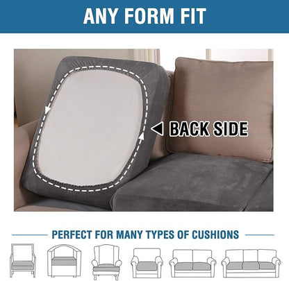 H.VERSAILTEX Velvet Stretch Couch Cushion Cover Plush Cushion Slipcover for Chair Loveseat Sofa Cushion Furniture Protector Seat Cushion Sofa Cover (3 Piece XL Sofa Cushion Covers, Grey)
