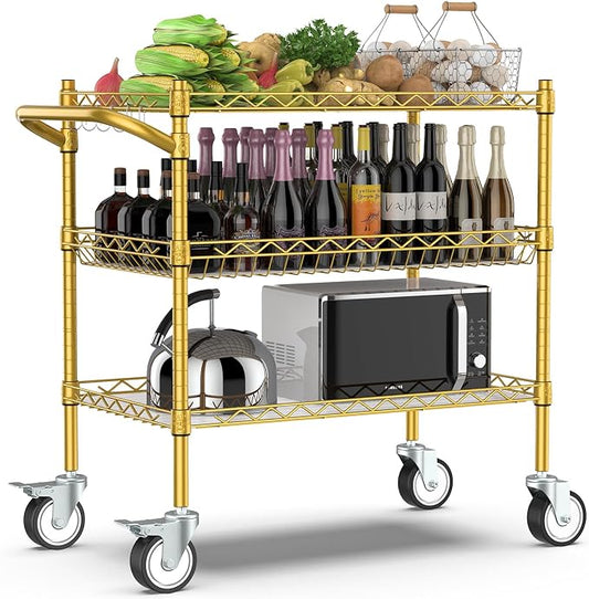 Leteuke 3 Tier Rolling Carts with Wheels, Heavy Duty Rolling Utility Cart | NSF Commercial Grade Metal Cart with Handle&Shelf Liner,Trolley Serving Cart for Kitchen,Restaurant,Plant Display,Gold