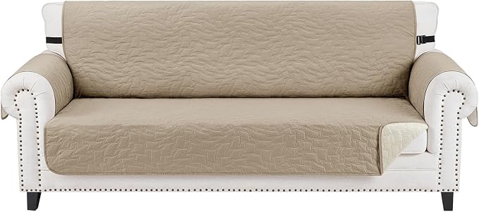 CUCRAF Non Slip Quilted Sofa Cover, Water Resistant Slipcover Furniture Protector for 3 Cushion Sofa Pet Friendly, Washable Couch Cover with Adjustable Elastic Straps (Large, Khaki)