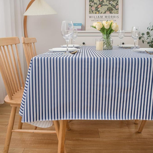 LIBERECOO 60" Round Vinyl Tablecloth with Flannel Backing, Blue Stripe Waterproof Overlocked Tablecloths Picnic Table Cover Plastic Table Cloth for Indoor & Outdoor