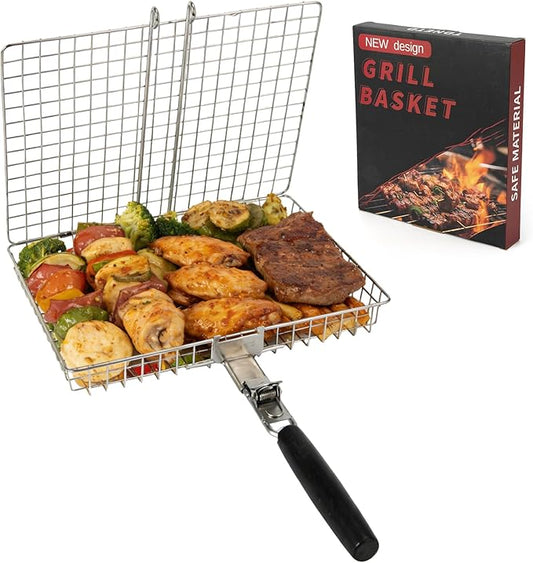 Grill Basket for Outdoor with Removable Handle,Stainless Steel BBQ Camping Cooking Accessories Tools for Meat Steak Fish Vegetable Shrimp, Gifts for Men Dad Husband
