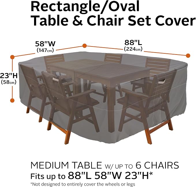 Classic Accessories Ravenna Water-Resistant 88 Inch Rectangular/Oval Patio Table & Chair Set Cover, Medium, Taupe, Brown, Outdoor Table Cover