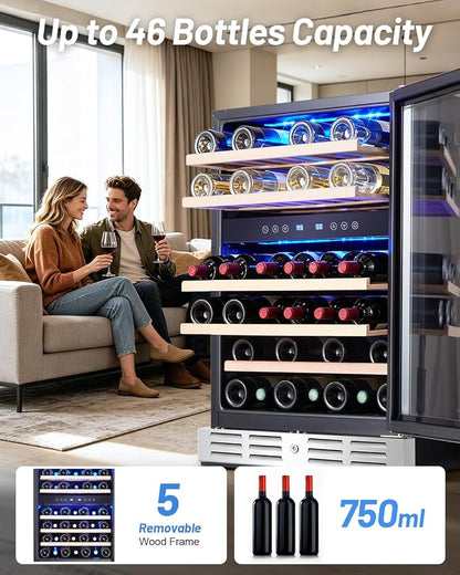 Kalamera 24 Inch Wine Cooler Refrigerator, 46-Bottle Dual Zone Wine Fridge | Built-In/Freestanding Beverage and Wine Refrigerator, 5 Wooden Shelves, Reversible Glass Door, Temperature Memory