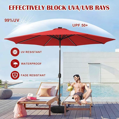 Sundale Outdoor 88 LED 10 FT Solar Patio Umbrella with Base, Red | Sand Bag Umbrella Base, Tilt, Crank, Solar Lights