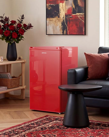 Upstreman 3.2 Cu.Ft Mini Fridge with Freezer, Red-BR321 | Adjustable Thermostat, Energy Saving, Low Noise, Reversible Door, Small Refrigerator for Dorm, Bedroom, Office