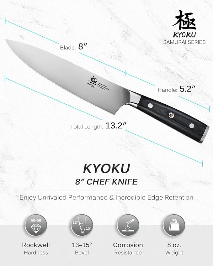 KYOKU 8" Chef Knife, Samurai Series Meat Cutting Knife with Pakkawood Handle & Mosaic Pin, Japanese Style High Carbon Steel Knives, Full Tang knives for Vegetable Fruit with Sheath and Case
