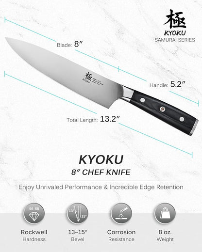 KYOKU 8" Chef Knife, Samurai Series Meat Cutting Knife with Pakkawood Handle & Mosaic Pin, Japanese Style High Carbon Steel Knives, Full Tang knives for Vegetable Fruit with Sheath and Case