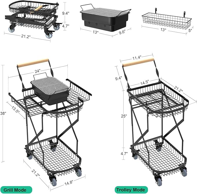 NADAMOO Foldable Charcoal Grill Cart with Rolling Wheels & Storage, Instant Fold Portable BBQ Trolley for Outdoor Barbecue, Travel, Camping, Picnics, Party, Backyard