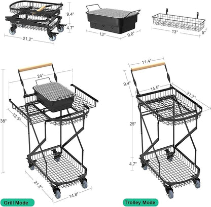 NADAMOO Foldable Charcoal Grill Cart with Rolling Wheels & Storage, Instant Fold Portable BBQ Trolley for Outdoor Barbecue, Travel, Camping, Picnics, Party, Backyard
