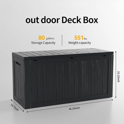 Outdoor Storage Box, 80 Gallon Resin Deck Box Waterproof for Patio Furniture, Garden Tools and Pool Accessories, Lockable UV-Resistant Storage Bin Bench Cabinet for Outside, Black