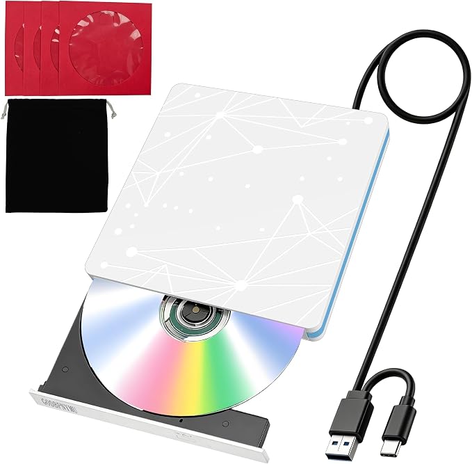 External CD/DVD Drive for Laptop, USB CD Drive, USB C Plug and Play Optical Drive, Portable CD Burner, Compatible Windows 11/10/8/7 XP Linux MacOS, w/Storage Bag & 4 disc Bags