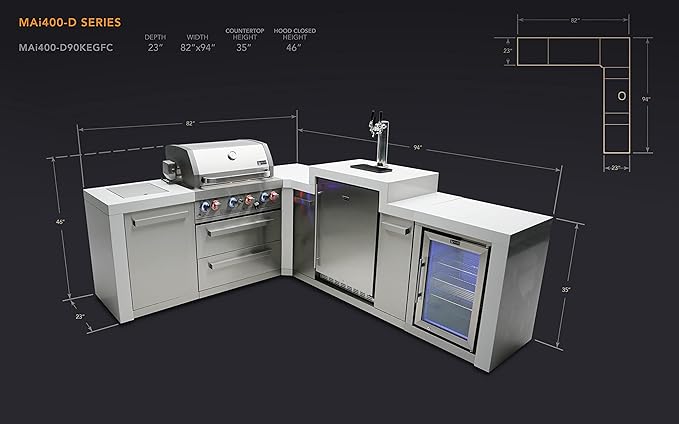 Mont Alpi Premium 82"W x 98"D Deluxe L-shaped Stainless Steel Outdoor Kitchen Island + 3-tap Kegerator Beer Dispenser + Refrigerator + 32"W 4-Burner BBQ Grill + Side Burner + Storage Cabinets + Cover