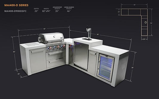 Mont Alpi Premium 82"W x 98"D Deluxe L-shaped Stainless Steel Outdoor Kitchen Island + 3-tap Kegerator Beer Dispenser + Refrigerator + 32"W 4-Burner BBQ Grill + Side Burner + Storage Cabinets + Cover