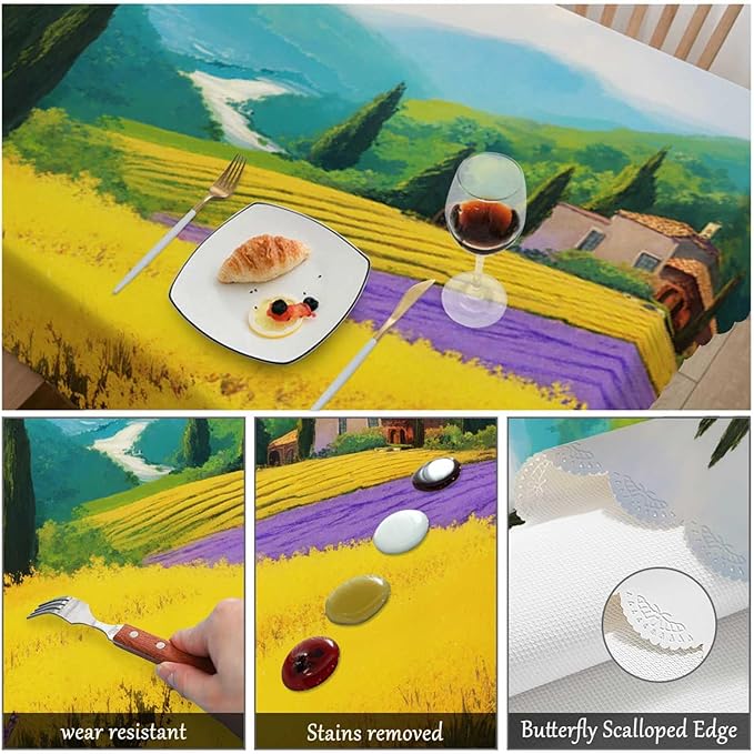 Swono Countryside Rectangle Tablecloth Rural Houses Rye Field Cypress Trees Mountains Table Cloth Dining Table Cover for Home Kitchen Restaurant Party Buffet Picnic, 52x70 Inch