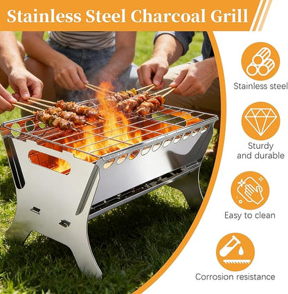 Stainless Steel Portable Charcoal Grill Heater Heating Stove with Ash Tray - Compact BBQ Grill for In and Outdoor Camping, Backyard, Picnic, Easy to Assemble & Clean