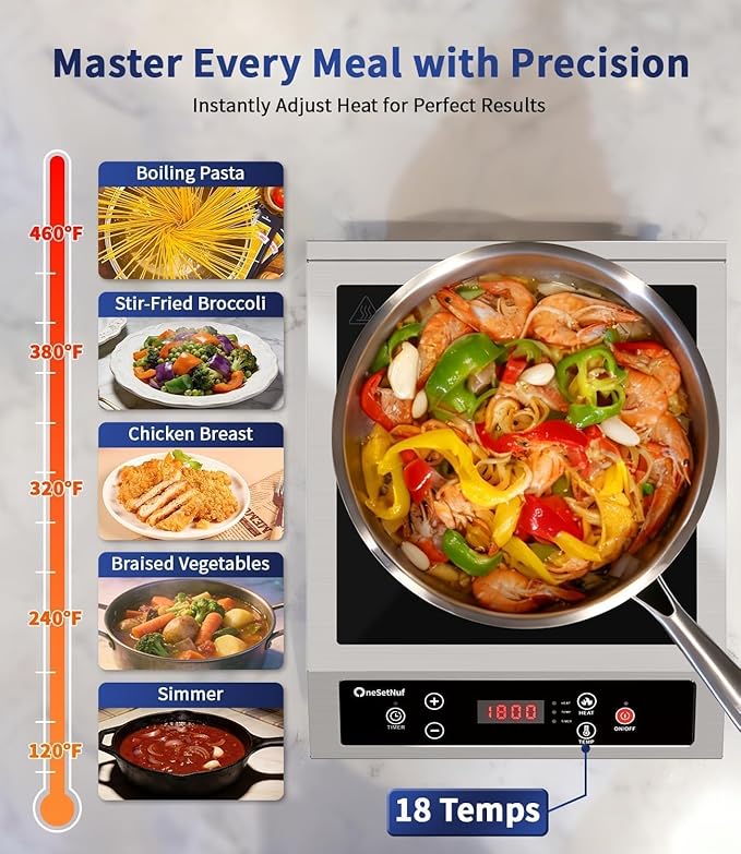 Stainless Steel Induction Cooktop, Professional-Grade Portable Burner 1800W | Precise Temperature Control, 10-Hour Timer, Powerful Countertop Hot Plate for Home, Camping & RV