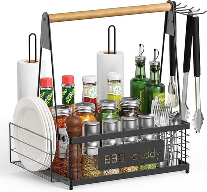 TJ.MOREE Grill Caddy BBQ Organizer for Grilling Tools & Supplies | paper towel & foil holder, fits 8" plates, removable wood handle, for camping, patio, Kitchen, Picnic, RV