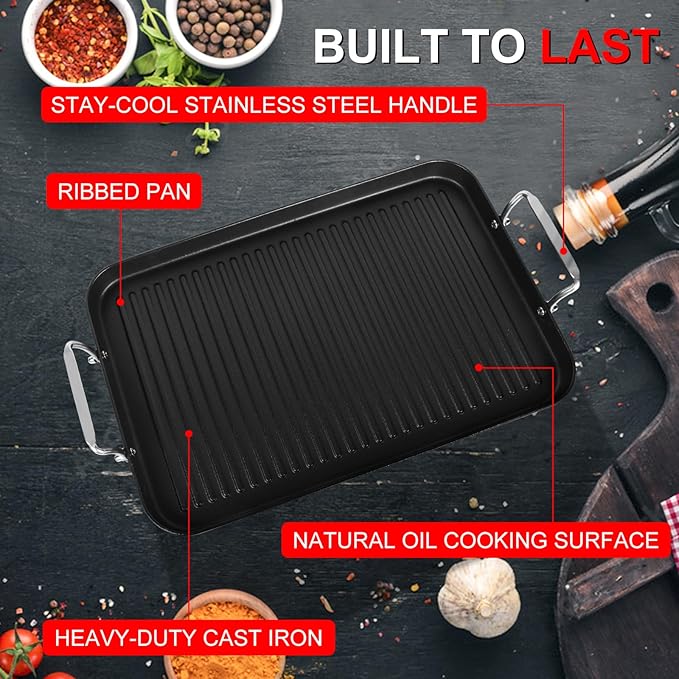 21" x 13" Cast Iron Griddle Pan, Pre-Seasoned Double Burner Griddle Pan with Stainless Steel Handle, Ribbed Surface, Oven Safe for Gas Ceramic Electric Stove, BBQ Camping Indoor Outdoor