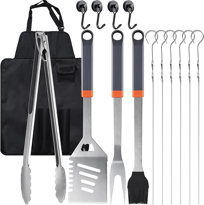15PCS Grill Set, BBQ Grilling Accessories with Tongs Spatula Skewers, Stainless Steel Grill Utensils Set with Hooks & Apron Storage Bag for Outdoor Cooking, Camping, Practical Gifts for Men Dad
