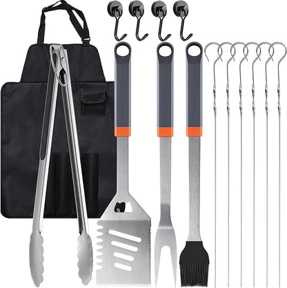15PCS Grill Set, BBQ Grilling Accessories with Tongs Spatula Skewers, Stainless Steel Grill Utensils Set with Hooks & Apron Storage Bag for Outdoor Cooking, Camping, Practical Gifts for Men Dad