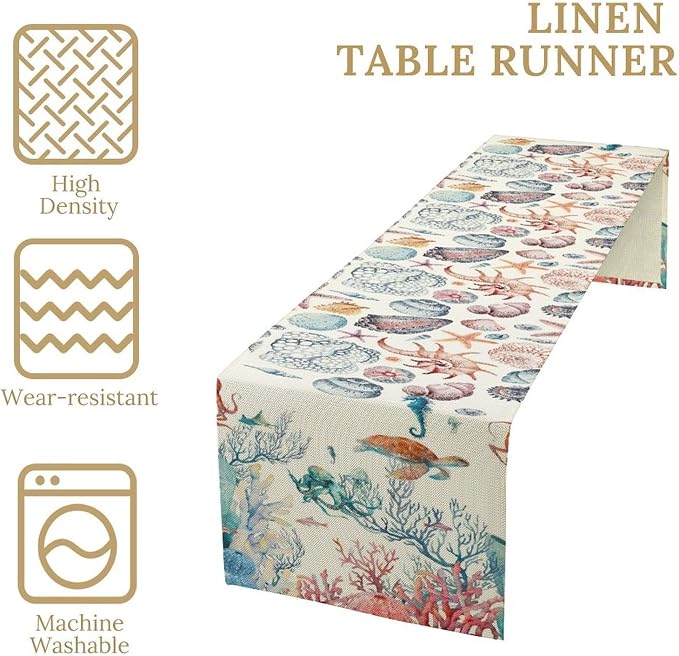 Sea Turtle Table Runner, Nautical Coast Underwater Sea Animal Theme Fishing Table Cloth for Home Kitchen Dining Table Decoration Party 13x60 Inch