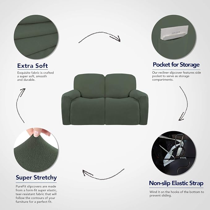 PureFit Super Stretch Loveseat Recliner Sofa Couch Cover with Pocket | 2 Seats Non Slip Soft Sofa Slipcover, Washable Reclining Furniture Protector for Pets (Recliner Loveseat, Grayish Green)