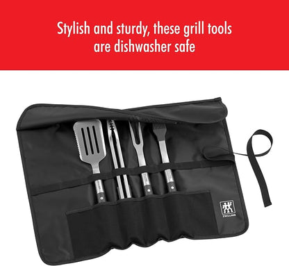 ZWILLING BBQ+ Grill Tool Set, 5-Piece Stainless Steel BBQ Accessories with Grill Spatula, Tongs, Fork, Basting Brush and Chef's Wrap, Durable, Easy to Clean and Travel-Friendly for Outdoor Grilling