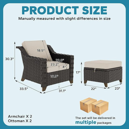 4 Piece Patio Furniture Set, Wicker Outdoor Conversation Set | Patio Chair Set with Olefin Removable Cushion, All-Weather Outdoor Couch with Deep Seat for Porch, Deck and Backyard, Beige