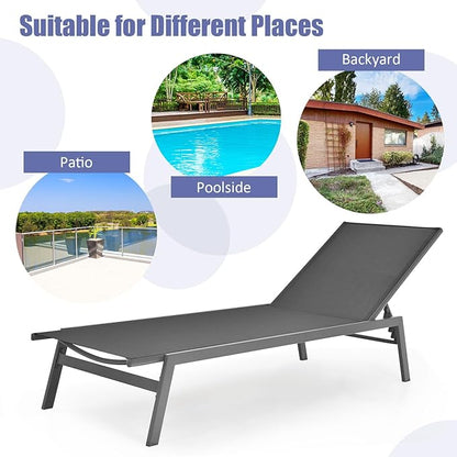 Tangkula Outdoor Chaise Lounge Chair, 6-Position Adjustable Reclining Chair with Breathable Fabric and Heavy Duty Steel Frame, Patio Lounge Chair for Garden, Backyard and Poolside (1, Gray)