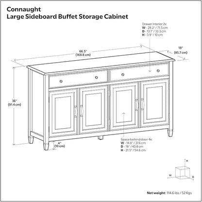 SIMPLIHOME Connaught 67" Wide Solid Wood Sideboard Cabinet in White | Traditional 4-door dining room buffet with 2 drawers and adjustable shelves for organized kitchen or living room storage.