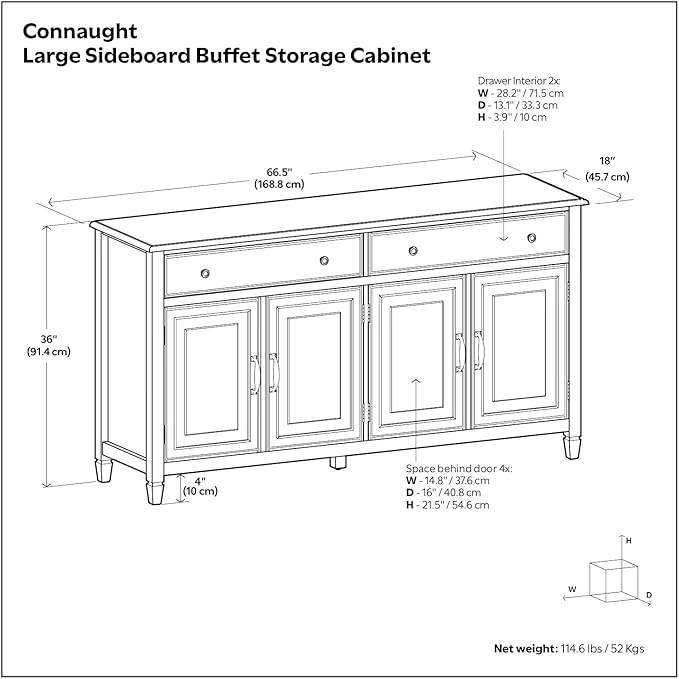 SIMPLIHOME Connaught 67" Sideboard in Rustic Natural Aged Brown | Traditional 4-door dining room buffet with 2 drawers and adjustable shelves for organized kitchen or living room storage.